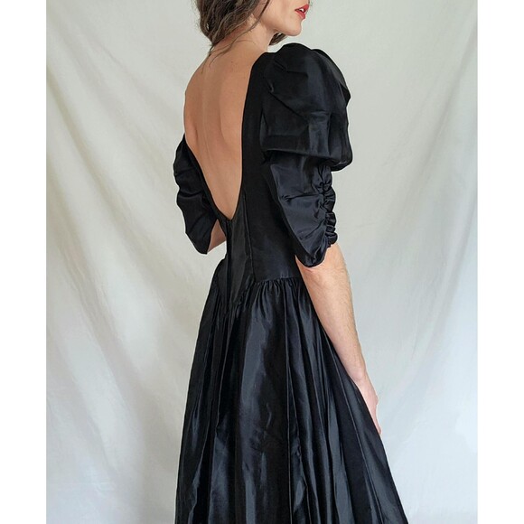 1980s Vintage Black Satin Puff Sleeve Prom Dress: Gothic Formal Gown, Womens M - Picture 3 of 13